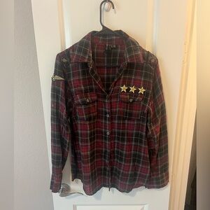 Plaid Button-Up Shirt with Star Patches